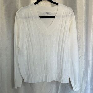 White V-Neck Cable Knit Sweater